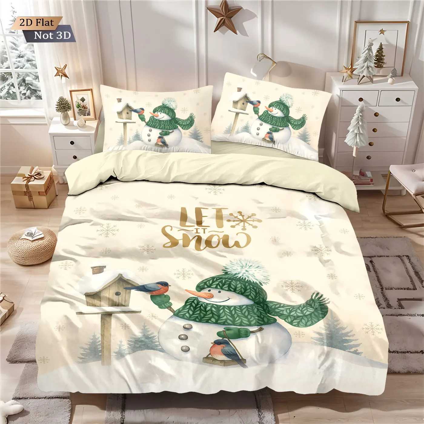 Christmas 3pcs Merry Christmas cartoon snowman printed coreless down comforter set multi size bedroom bedding decoration machine washable Y251126