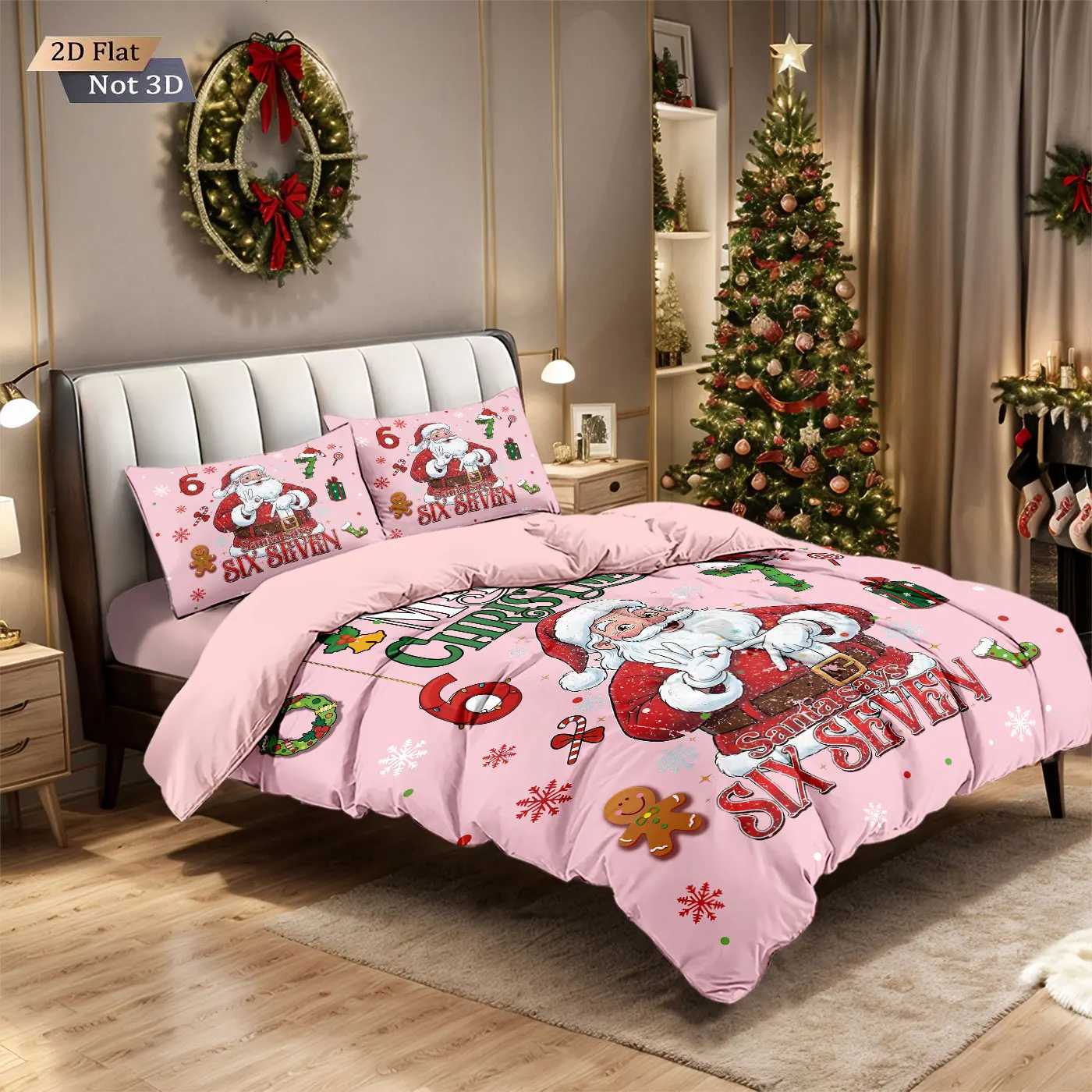 Christmas 3pcs pink Santa Claus 67 element printed coreless duvet cover set multi size bedroom bedding holiday decoration machine washable Y251126