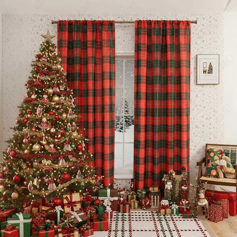 Christmas Christmas Plaid Pole Curtain Child Room Living Room Curtain Partition Home Interior Curtains Kitchen Bathroom Balcony Curtains Y251126