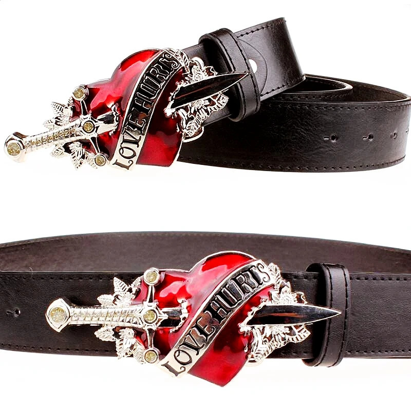 Cool Fashion Leather Belt Red Heart Love Hurts n Punk Rock Waistband Women Men Decorative belts Jeans Hip Hop Girdle 251126 - view 3
