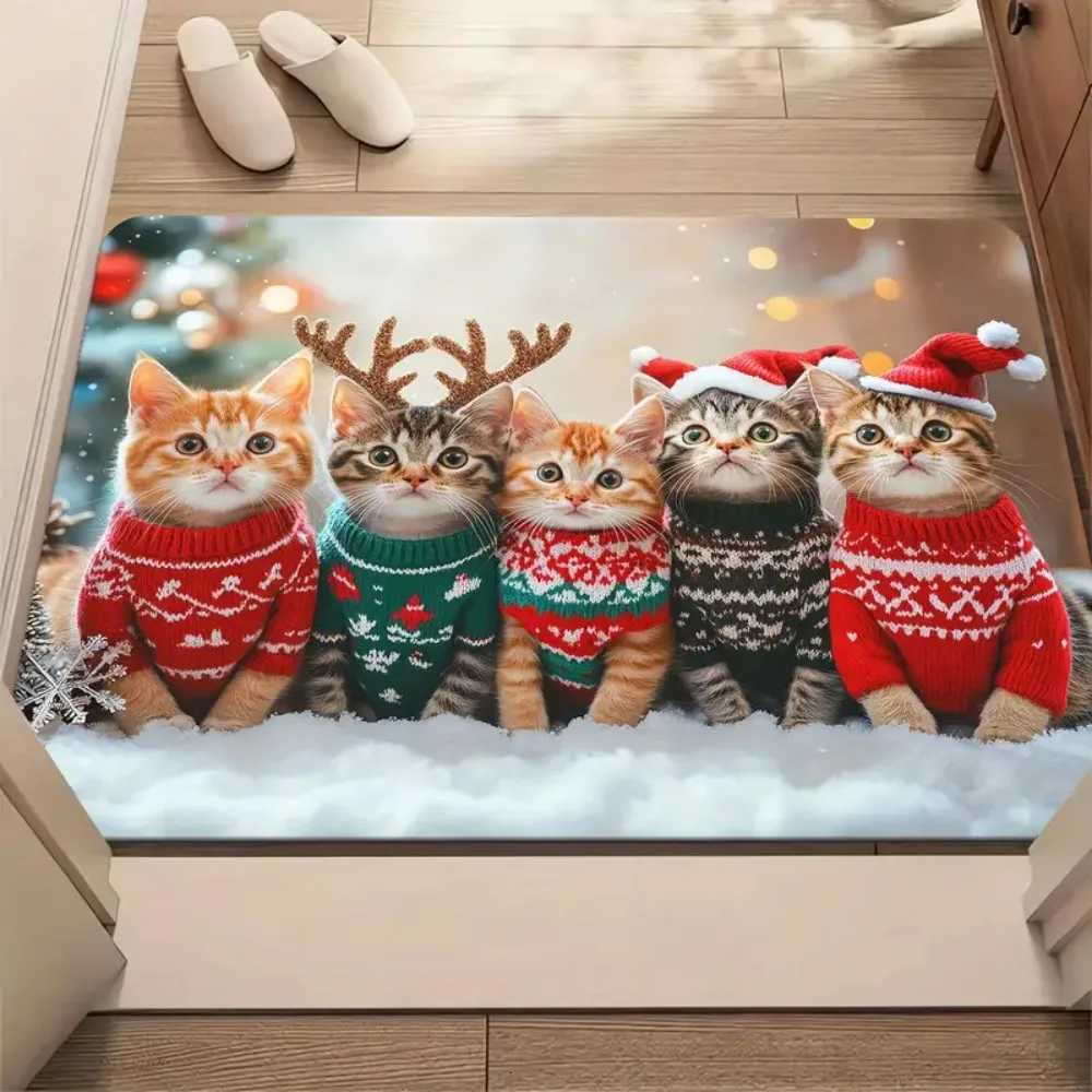1Pc Christmas Cute Cat Print Doormat Non-Slip Microfiber Polyester Rug Machine Washable For Home Entryway Bedroom Living RoomM251126