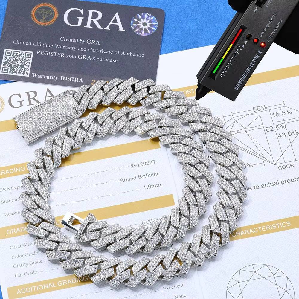 Three Rows Full Diamonds S925 Silver Moissanite Necklace for Men Hip Hop Rhombus Cuban Chain Style