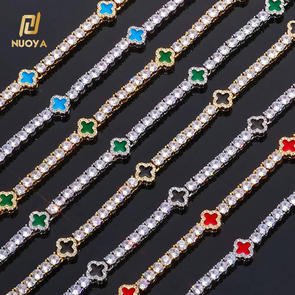 NUOYA Hip Hop Fine Jewelry Iced Out Diamond Tennis Chain Necklace Gold Plated Colorful Four Leaf Clover Tennis Chain for Women