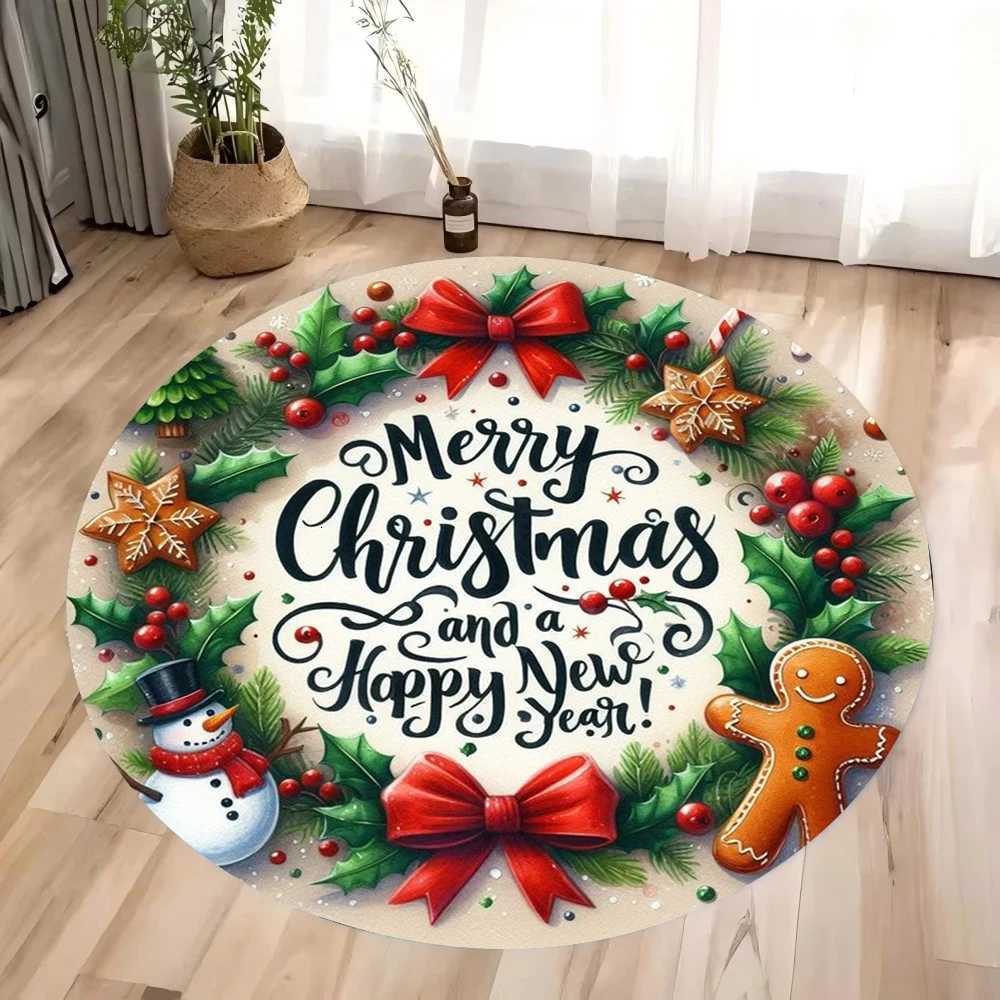 Santa Claus and Sled Round Carpet Christmas Tree Elk Snowman Round Carpet Bedroom Carpet Home Floor Mat Washable Leisure CarpetM251126