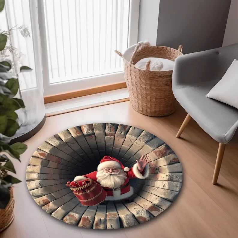 Printed 3D Christmas Living Room Round Rug Quilted Tree Skirt with Cozy Library Christmas Tree Design Holiday Gift IdeaM251126
