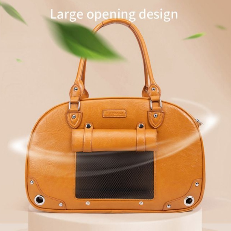 Fashionable Pet Carrier Bag with Multi-Sided Ventilation, High-End PU Outdoor Pet Travel Bag, Portable Pet Tote, Dual-Color Stylish Pet Handbag for Ca