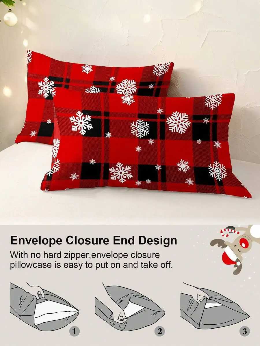 Christmas 3pcs/Set Christmas Red Grid Santa Claus Snowflake Print Duvet Cover Set1 Duvet Cover 2 PillowcaseSoft And Skin-Friendly Y251126
