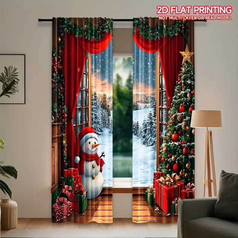 Curtain Christmas 2pcs Joyful Snowman Christmas Pattern Curtains Festive Design Light - Filtering Polyester Curtains for Christmas Home Windows Y25112