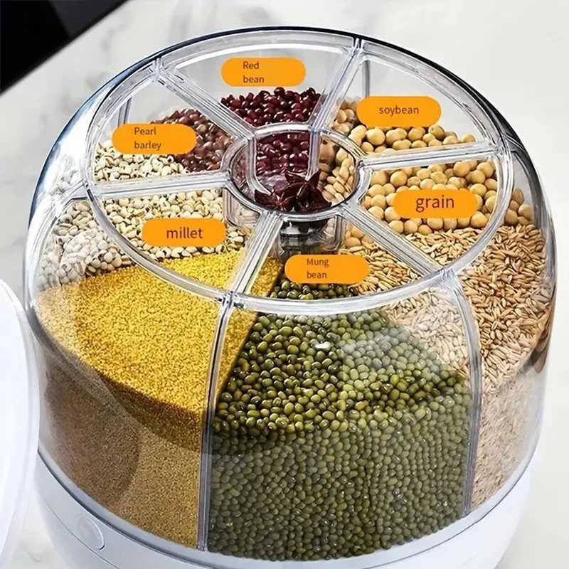 360 rotating 6-grid grain dispenser one-touch output storage container for rice grain seng and moisture-proof organizer Y251126