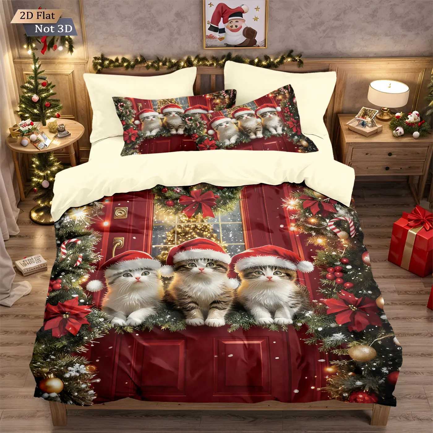 Christmas 3pcs red Christmas cat print coreless duvet set multi size bedroom holiday bedding holiday decorations machine washable Y251126