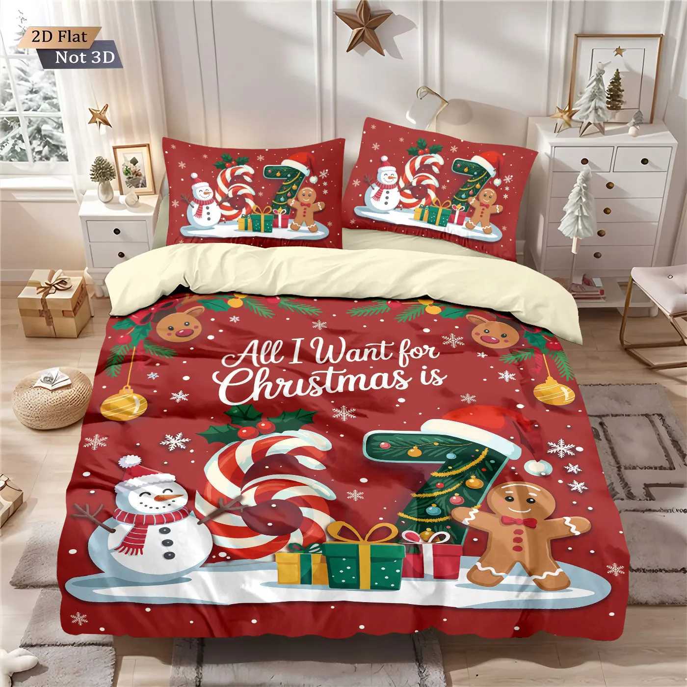 Christmas 3pcs Happy Christmas Snowman Gingerbread Man Print Quilt Cover Set Multi Size Bedroom Bedding Decoration Machine Washable Y251126