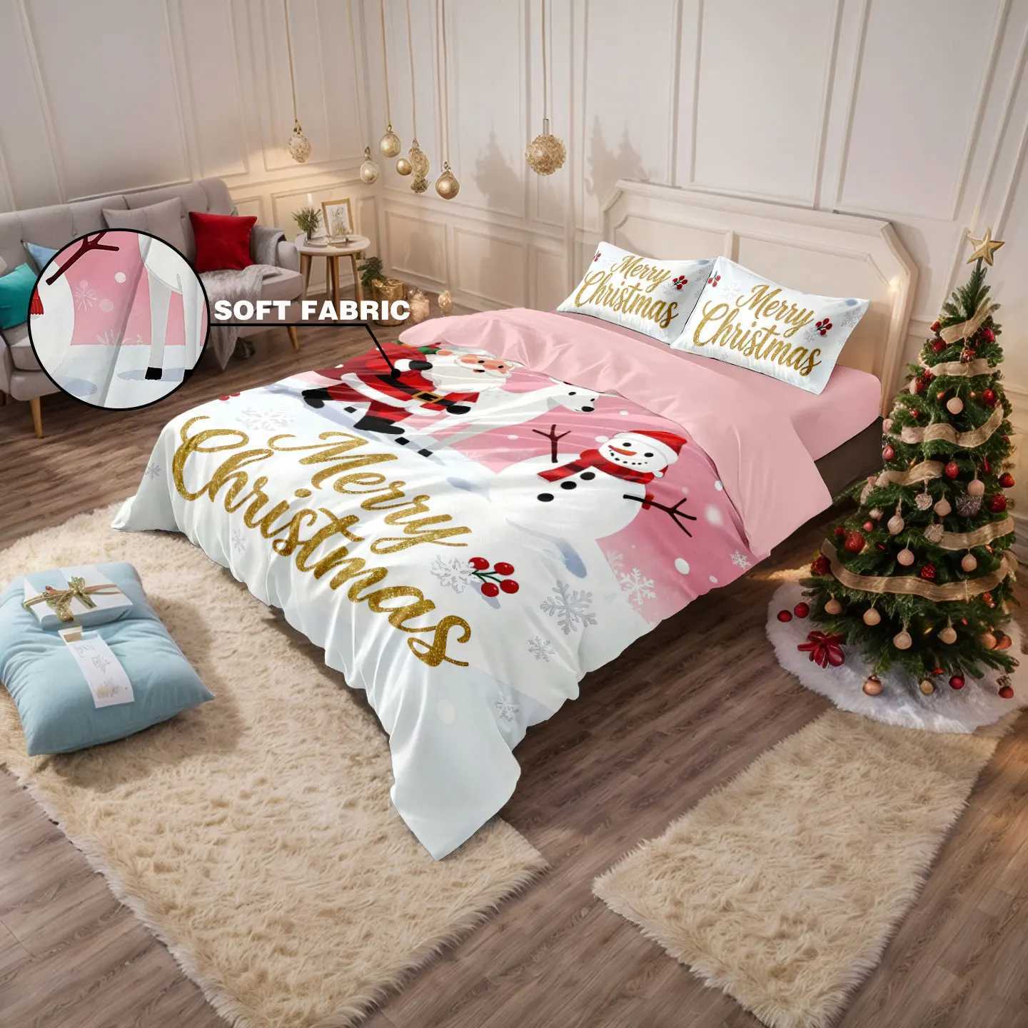 Christmas 3pcs Santa Claus printed coreless down comforter set with soft bedroom and dormitory decorations in various sizes Y251126