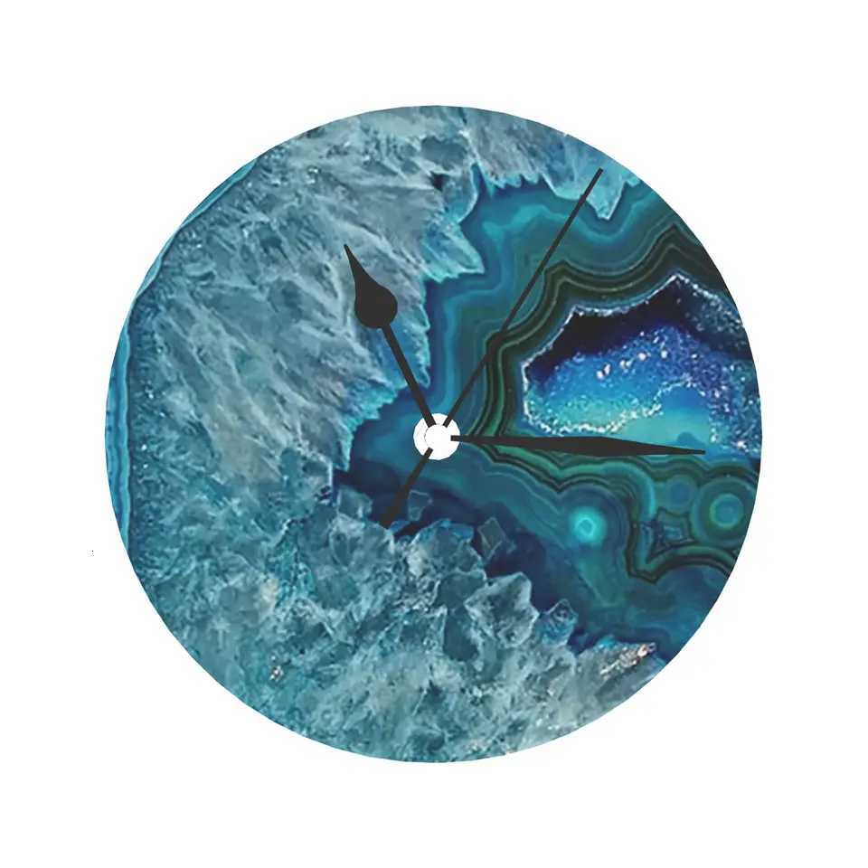 Teal Aqua Turquoise Blue Rock Agate Mineral Crystals Pattern Wall Clock Room Decoration Silent Round Clock for Bedroom Living C251126