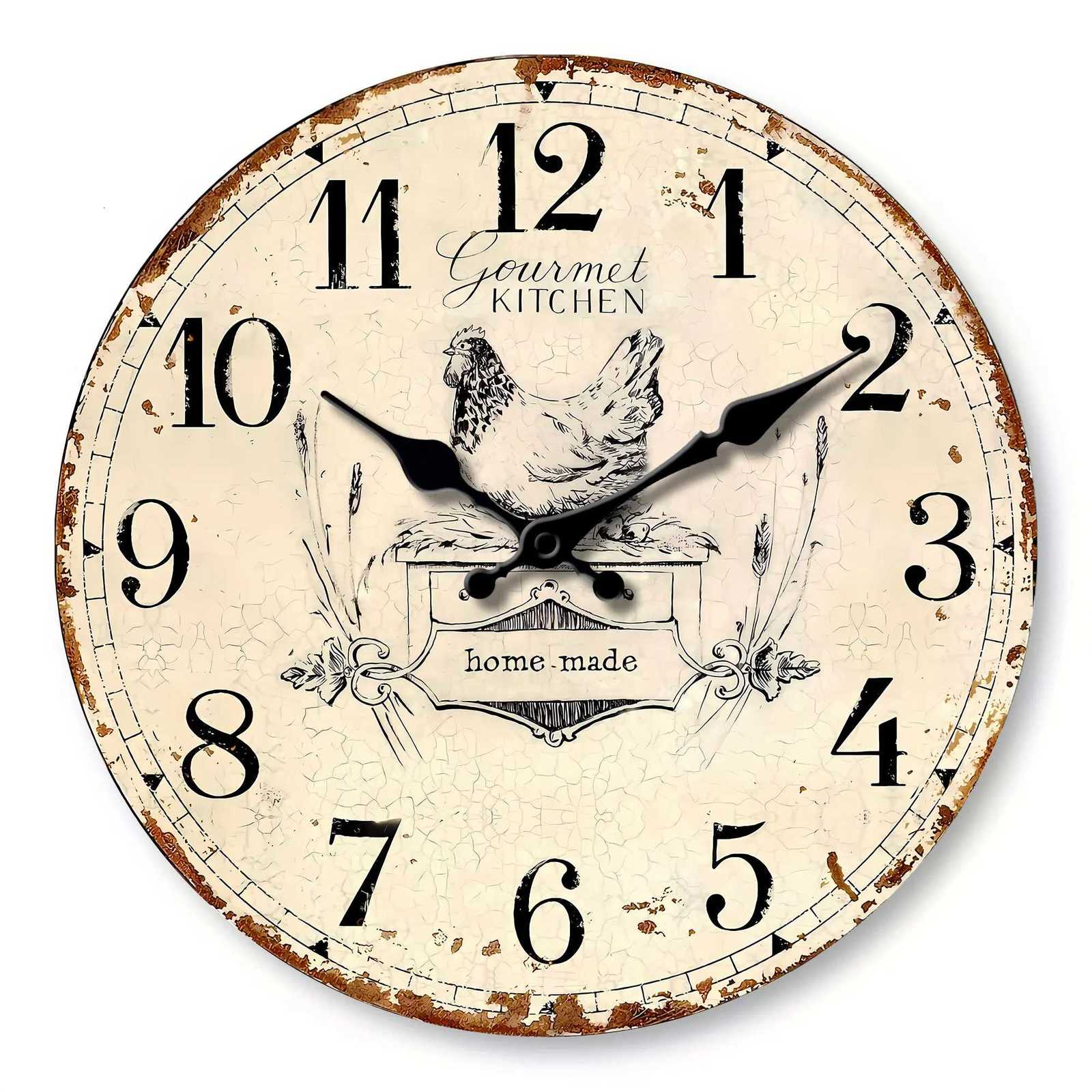 1pc round wooden wall clock a vintage old hen design wall clock home mute clock for living room bedroom room decoration cla C251126