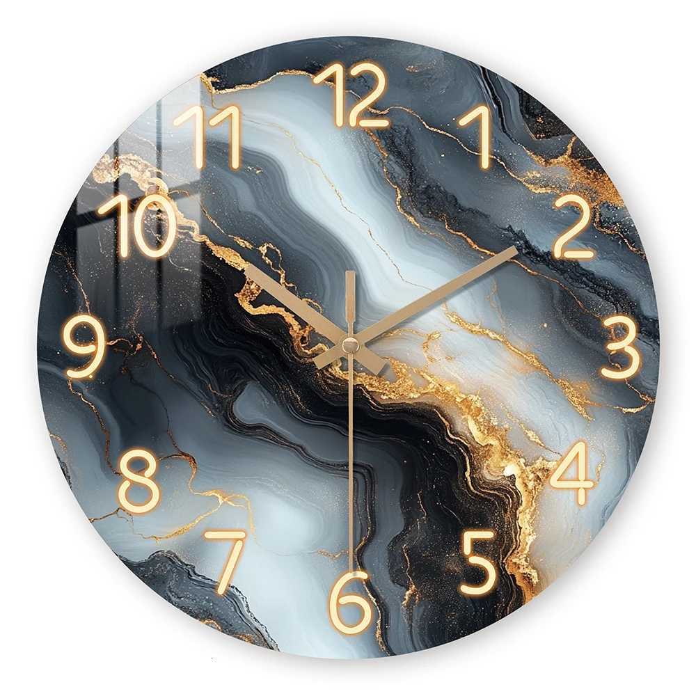 1 piece wooden wall clock fantasy theme - blue and gold marble - like texture pattern tempered film veneer silent clock suitab C251126
