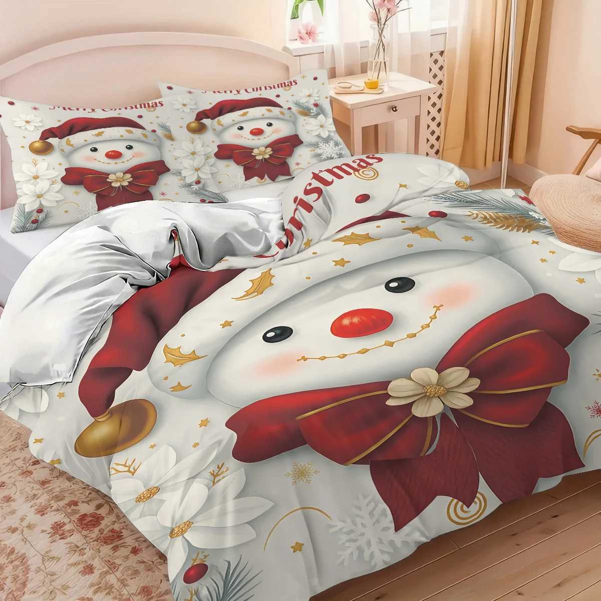 Christmas 3pc Christmas Snowman Printed Bedding Set Coreless Soft Comfortable Multiple Sizes Machine Washable 1 Duvet Cover 2 Pillowcases Y251126