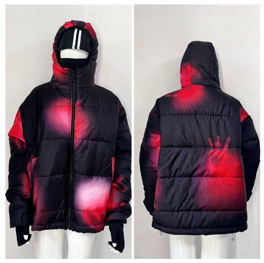 Men's Down PLAYSCLO Jacket Handprint Pattern Hooded Balaclava Cotton Street Style Windproof & Waterproof Russian Niche Design Warm Unisex