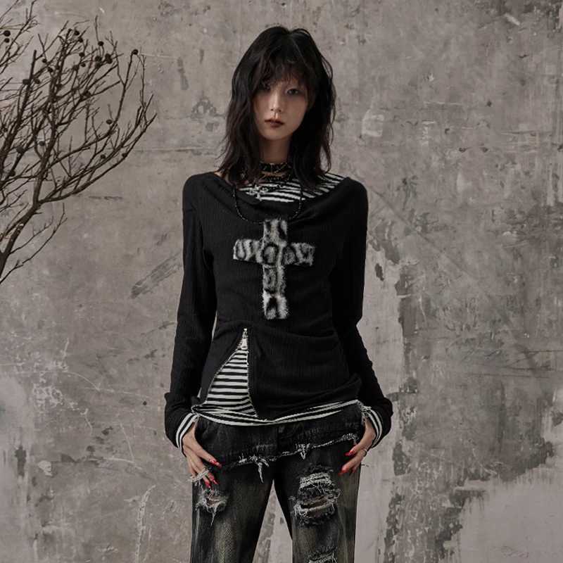 Karrcat Grunge Aesthetics Fake Two-piece Tops Trashy Y2k Long Sleeve Knitted Tops Wasteland Punk Patchwork Tops Gothic Vintage J251136
