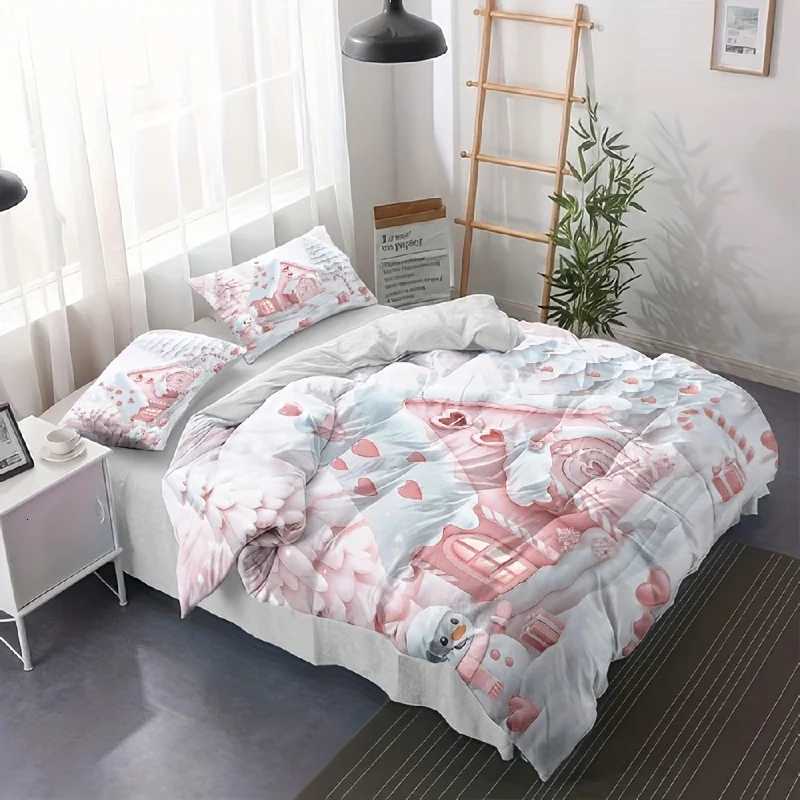 Christmas 3pcs Christmas print quilt set Pink snowman bedding romantic winter gingerbread house design soft bedroom decor heart pattern Y251126