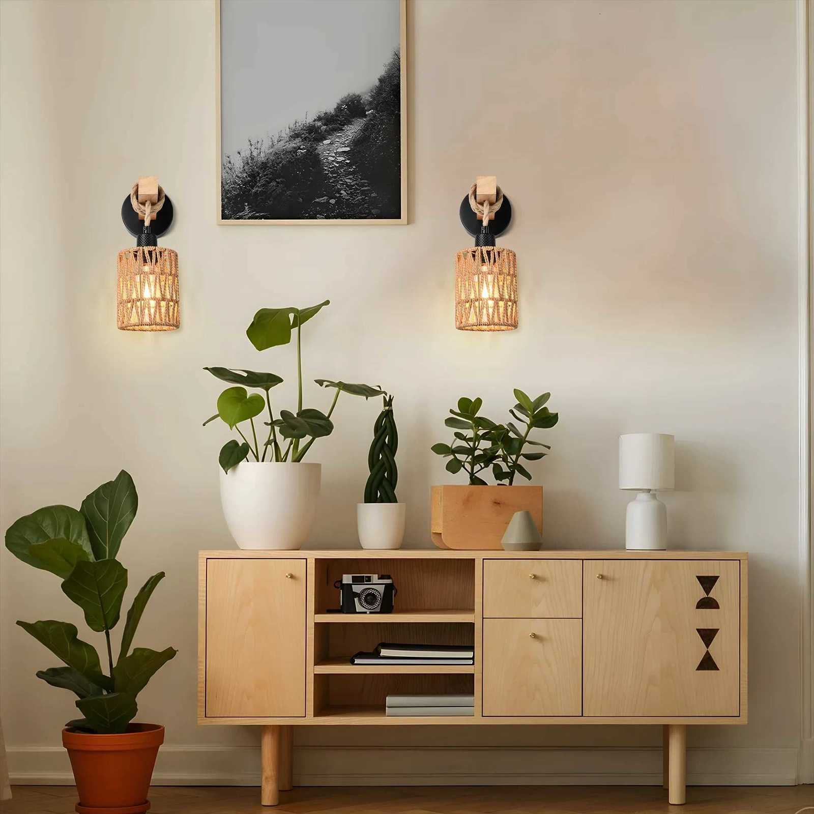 Easy Install Rattan Wall Sconces Wall Lights with Dimmable Boho Wall Mount Light Fixtures Wicker Wall lamp for Bedroom Nursery M251126