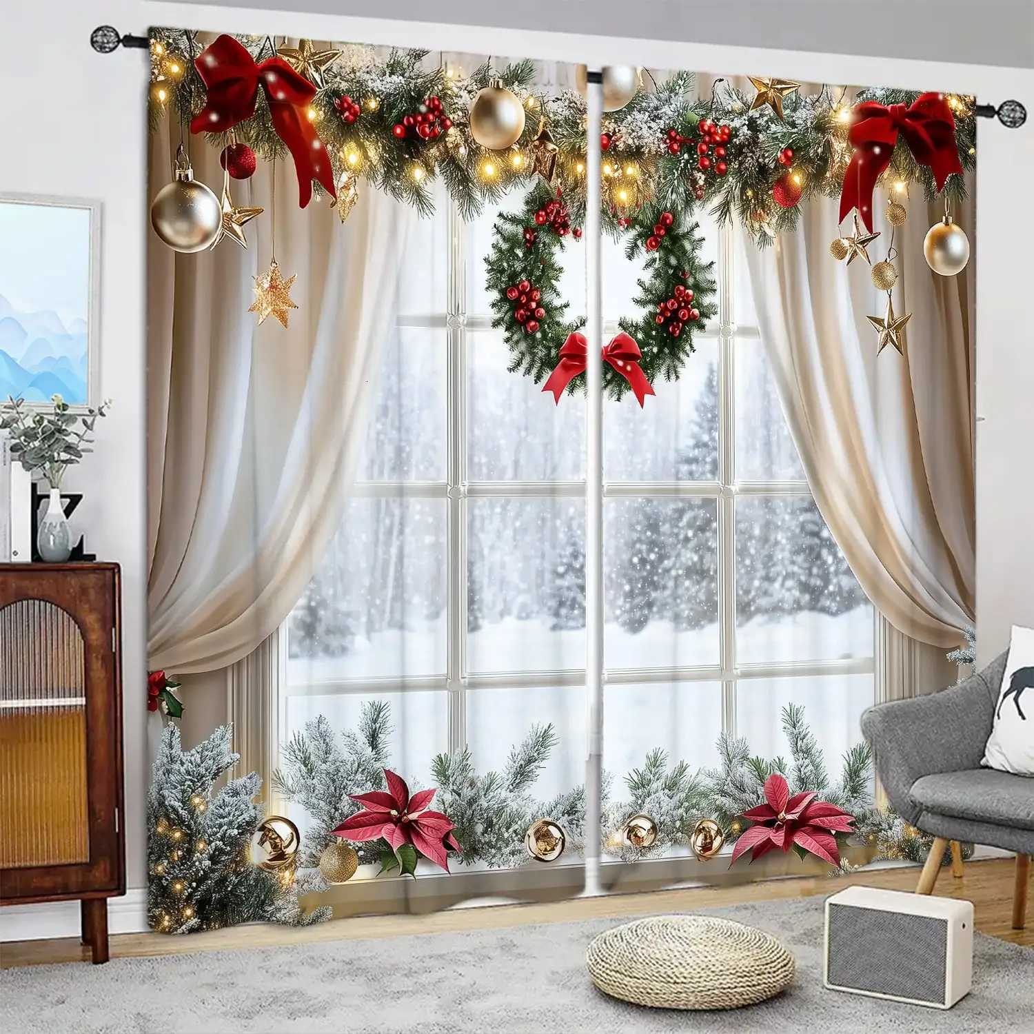 Christmas 2pcs Christmas Window Printed Curtain for Christmas Home Decor - Rod Pocket Window Treatment for Bedroom Office Kitchen Y251126