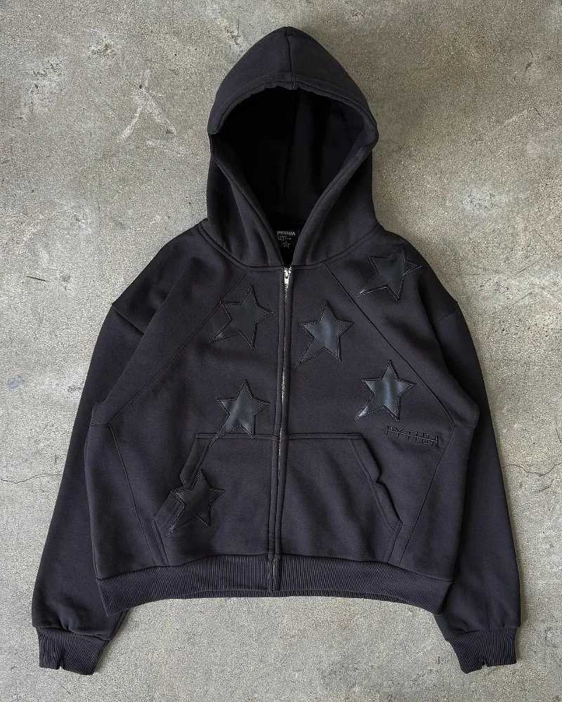 Y2K Harajuku New Fashion Star Patch Zipper Hoodie Women Gothic Hip Hop Popular Casual Couple Plus Velvet Padded Sports Sweater J251136