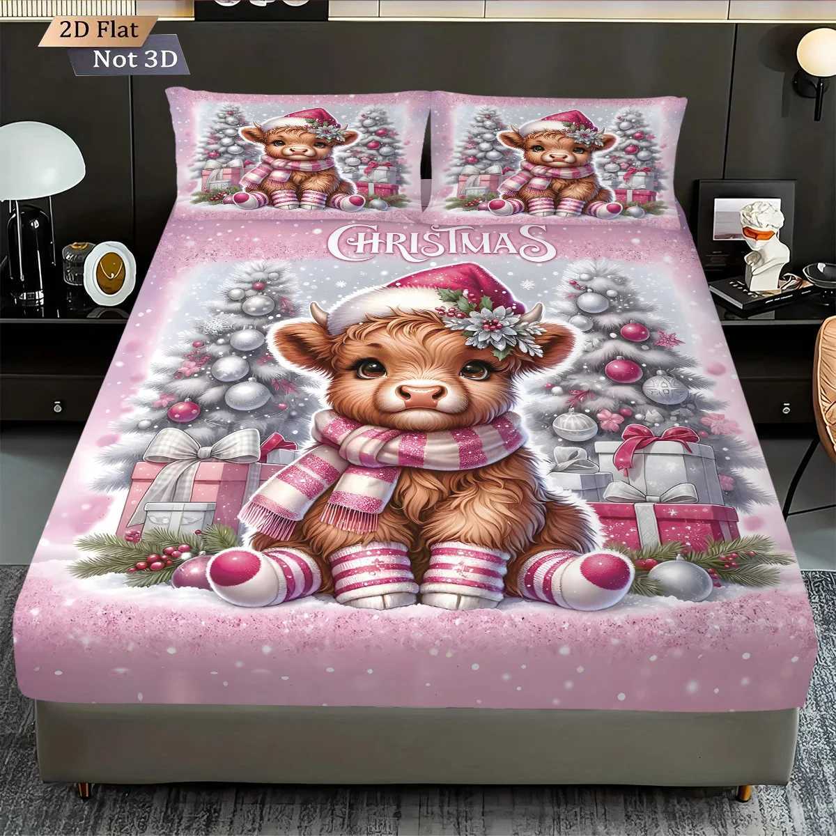 Christmas 3pcs Christmas Highland Cow Print Coreless Bed Sheet Set Multiple Size Bed Cover Bedroom Bedding Decoration Machine Washable Y251126