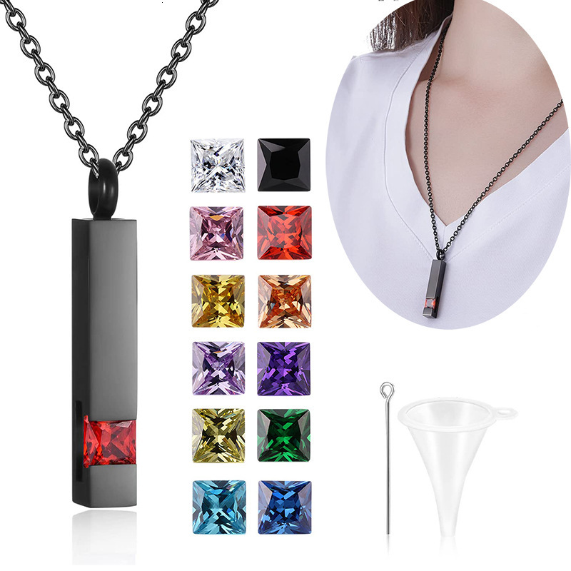 Geometric titanium steel birthday stone perfume necklace can be opened to commemorate relatives hair urn pendant