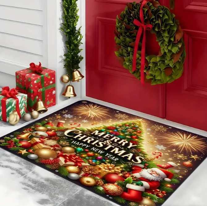Merry Christmas Doormat Holiday Tree and Santa Claus Bathroom Living Room Bedroom Kitchen Office Holiday Christmas DecorationM251126