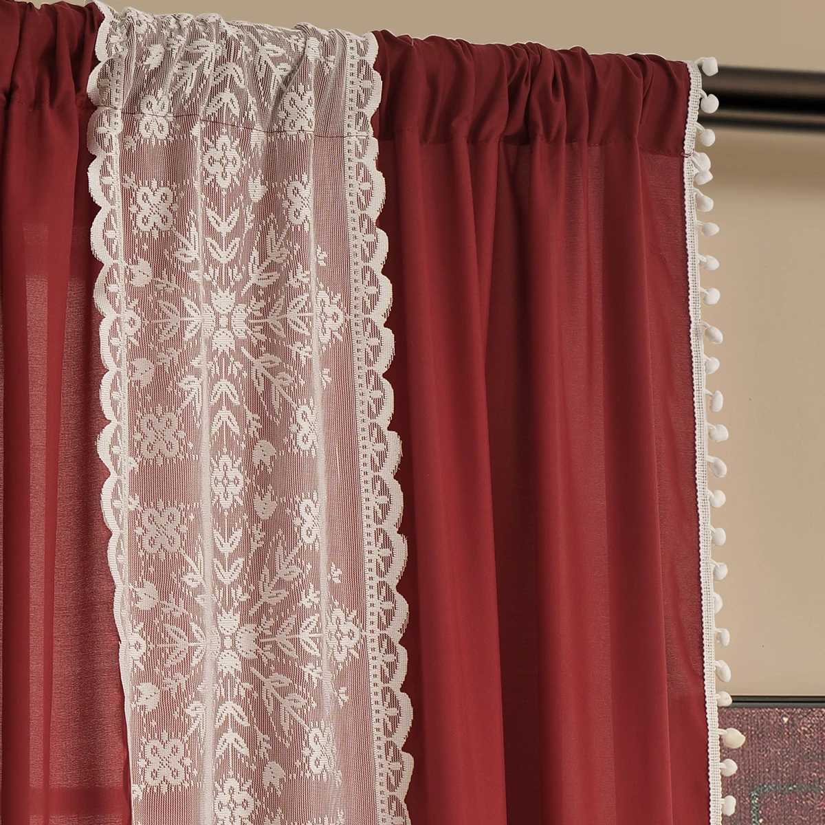 Curtain Christmas 1PC Christmas Red Polyester Pongee Semi-Transparent Snowflake Double-Sided Pom-Pom Rod Pocket Curtains Suitable for Christmas Y25112