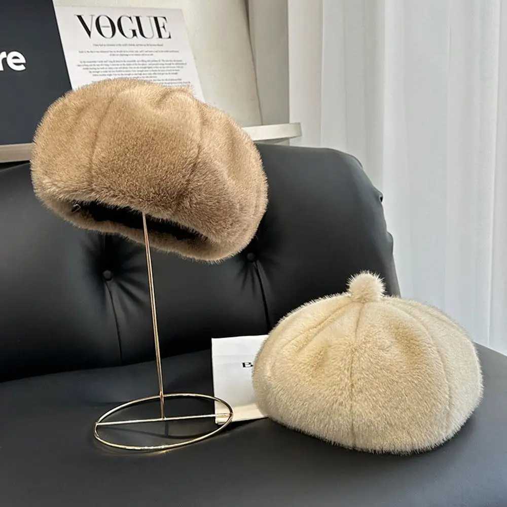 Elegant Plush Berets Outdoor Windproof Octagonal Cap Soft Fluffy Painter Hat Woolen Pumpkin Beanie Cap Imitation Mink Fur Hat J251125