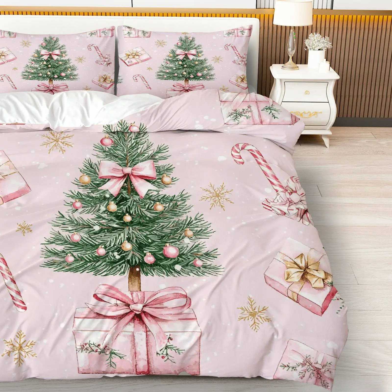 Christmas 3pcs Christmas Tree Candy Cane Duvet Cover Set - Soft Pink Golden Bedding with Zipper Closure All-Season Cozy Decorative Y251126