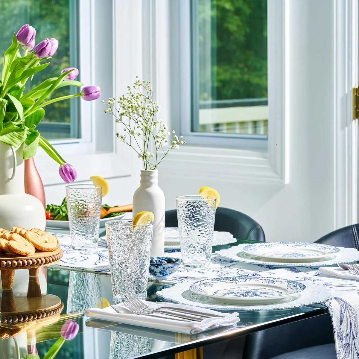 6 Pack Hammered Glass Cups Set 12oz/360ml Dishwasher Safe Cocktail Drinking Glasses Clear Heavy Base Stemmed Water Glasses C251126