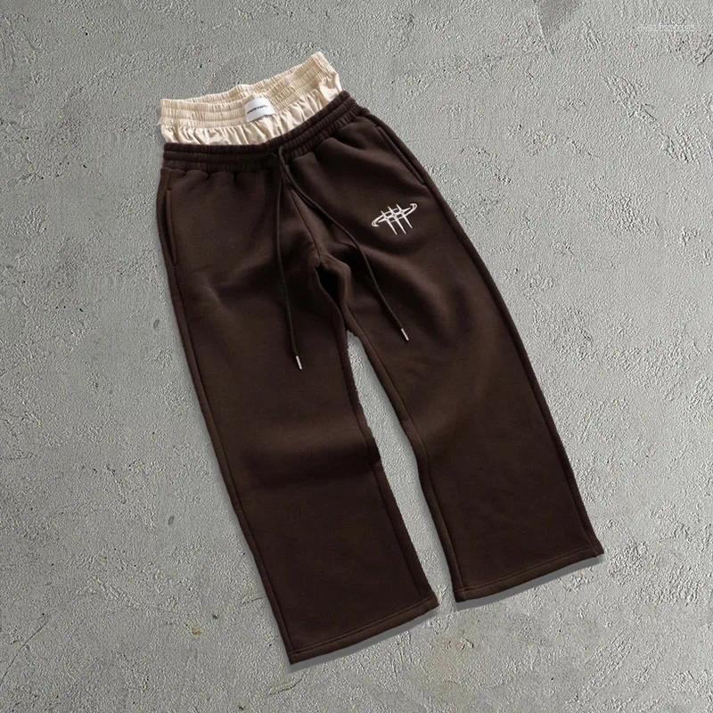 Men's Pants Casual Double Waist Head Fake Two Pieces Loose Straight Pant Hip-hop Fashion Street Sport Couple Embroidery Pattern Jogging Men'