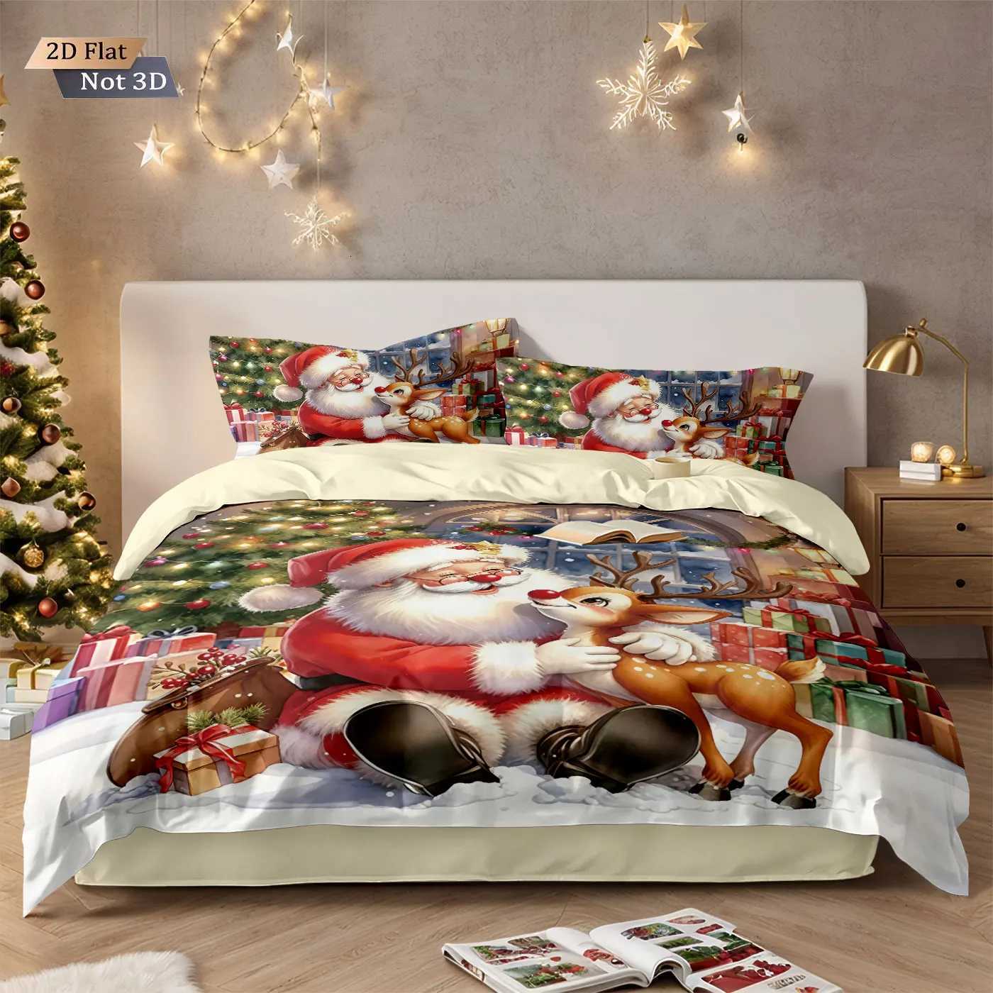 Christmas 3pcs Cartoon Santa Claus Gift Printed Chipless Bedding Set Soft Dormitory Bedroom Multiple Sizes Machine Washable Y251126