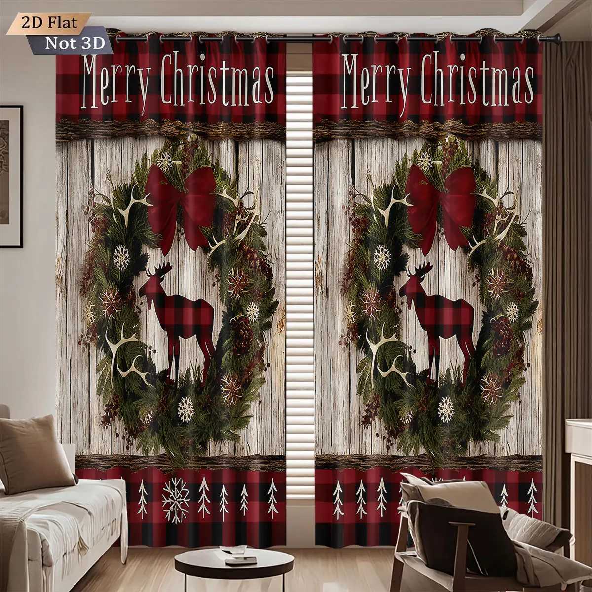 Curtain Christmas 2pcs Merry Christmas wreath reindeer print blackout curtains various size living room bedroom insulation holiday decoration Y251126