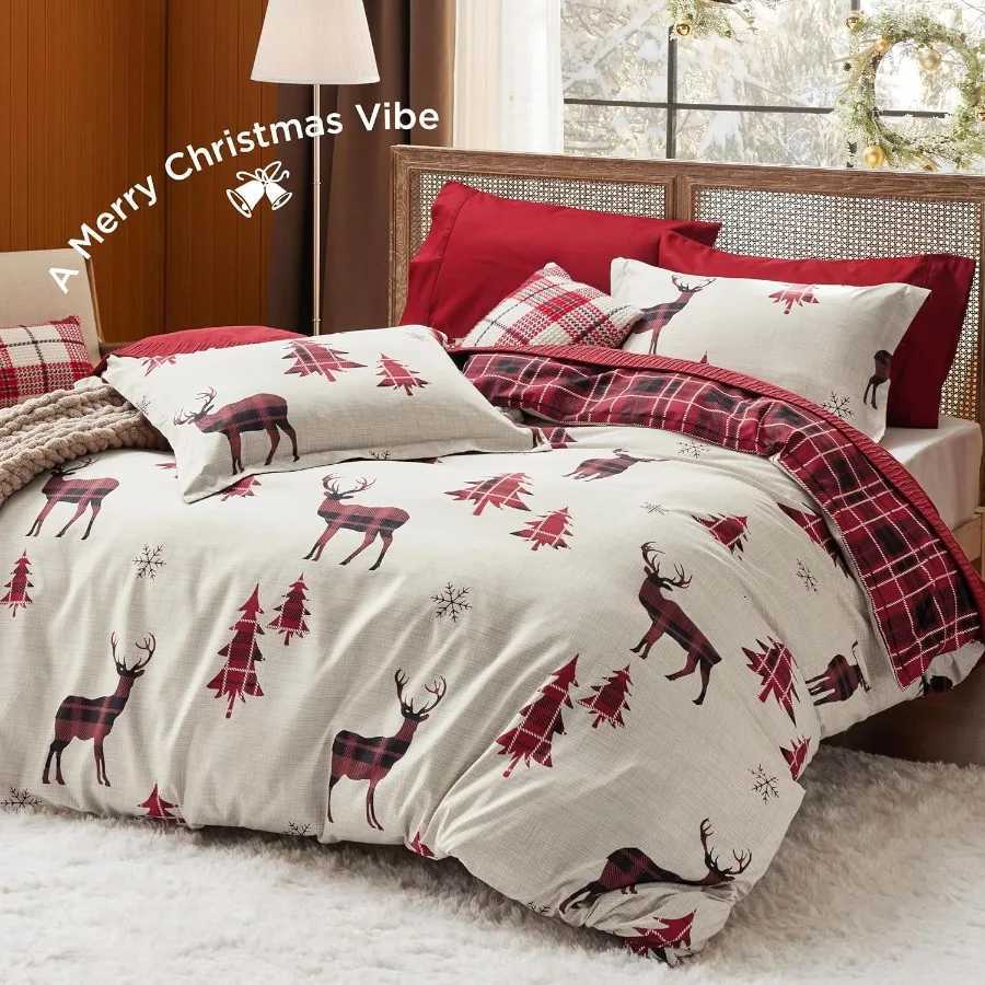 Christmas Christmas Duvet Cover Queen Reversible Buffalo Check Printed Plaid Bedding Set for Holiday Home Decor 3Piece Set with 2 Pillow Y251126