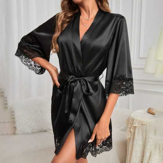 Bridal Bathrobe Bridesmaid Gift Long-sleeved Lace Trim Nightgown Tie-front Home Leisure Robe C251126