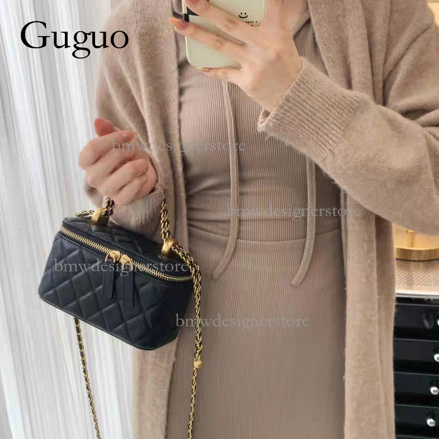 Guguo Designer Luxury Leather Mini Shoulder Bag Sheepskin Totem Box Handbag Women's Fashion Golden Ball Chain Lipstick Crossbody Bag Chanel Style