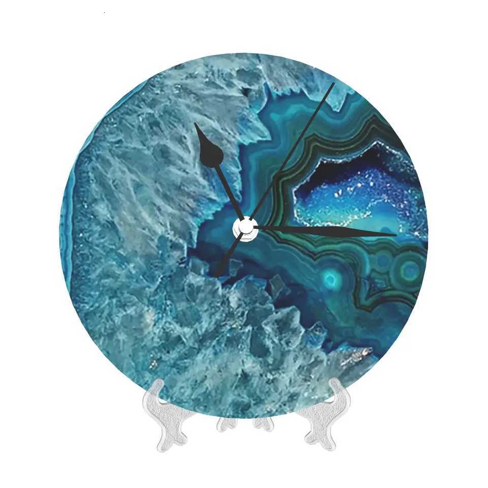 Teal Aqua Turquoise Blue Rock Agate Mineral Crystals Pattern Wall Clock Room Decoration Silent Round Clock for Bedroom Living C251126