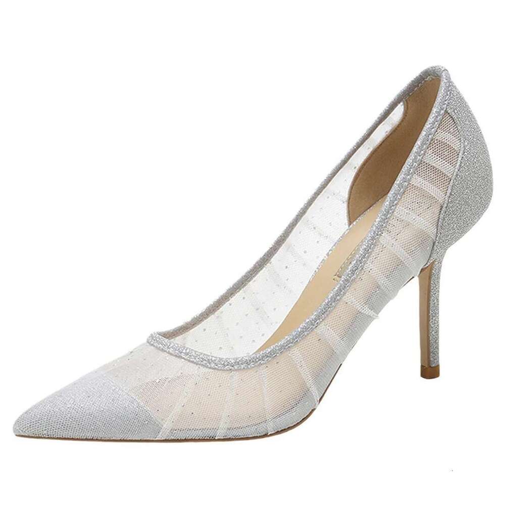 Spring and summer new pointed mesh sequin flat wedding shoes thin high-heeled banquet dress large small size women's sandal