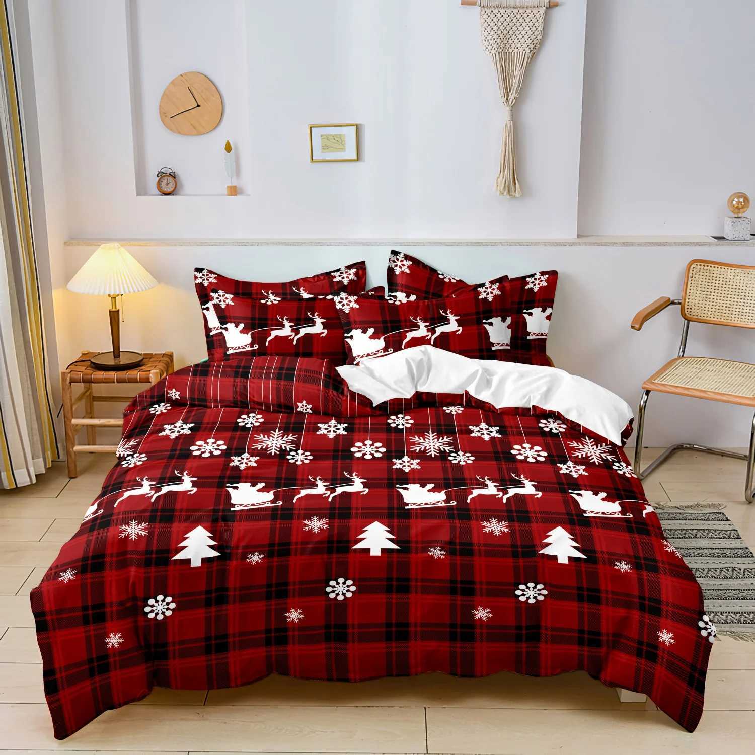 Christmas 3pcs Down Elk Snowflake Christmas Theme Square Grid Quilt Cover Set Soft Microfiber Checkered Bedding Bedroom Decor Y251126