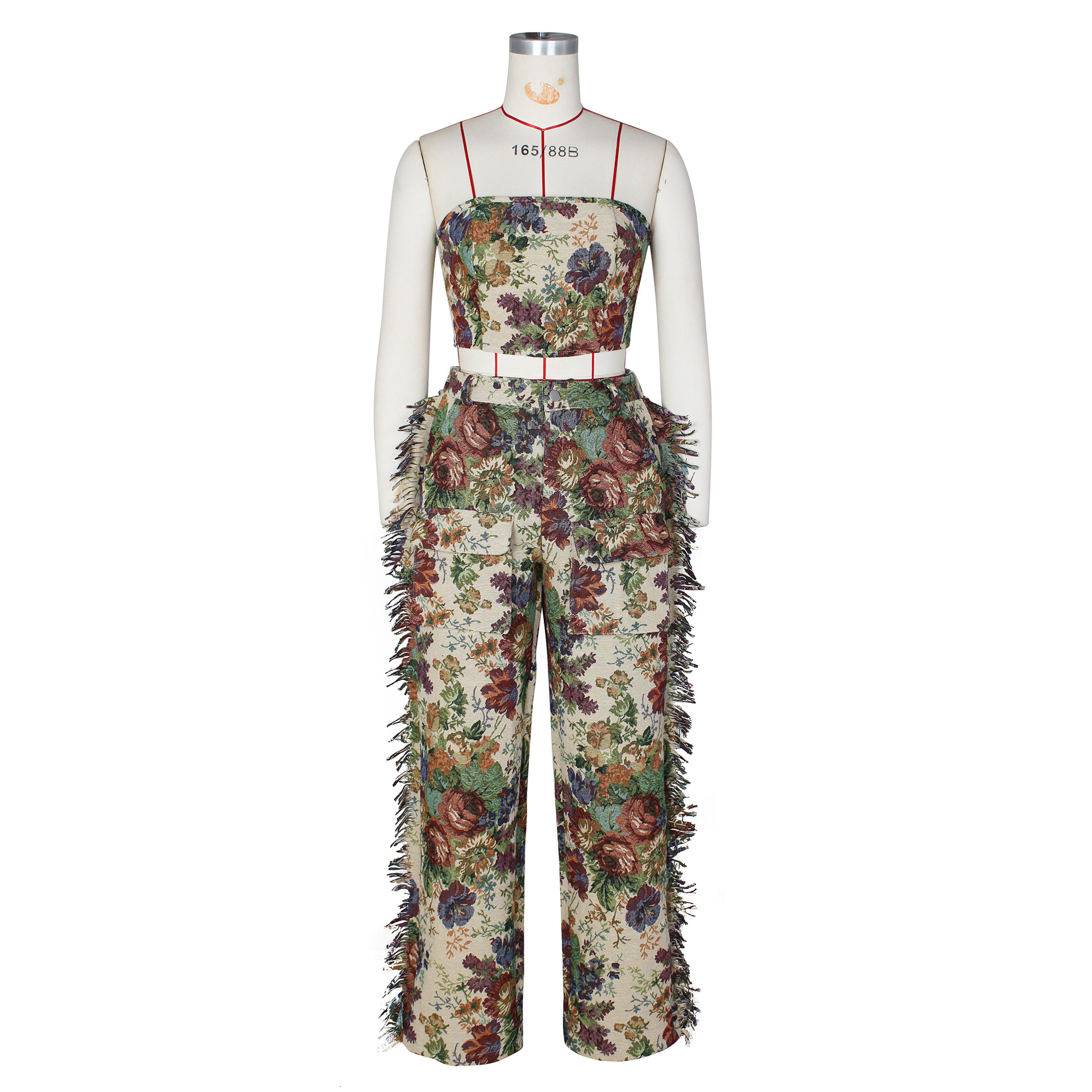 Womens Two piece pants outfits Crop top Sexy Lace Up Wrapped Chest Fringe Long Pants Womens Jacquard Fashion Set