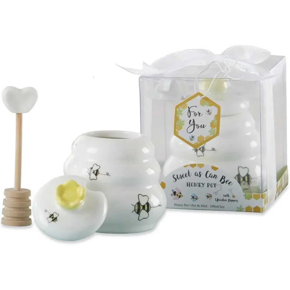 Kate Aspen Sweet as Can Bee Ceramic Mini Honey Pot with Wooden Honey Dipper 34 oz Honey Jar Bee Decor White/Yellow Y251126