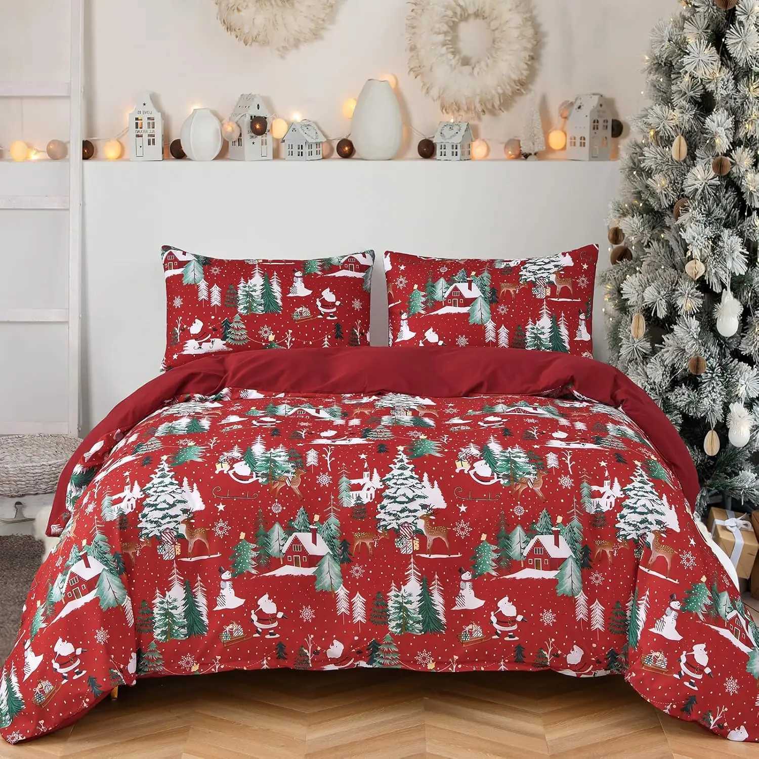 Christmas Red Merry Christmas Duvet Cover Set - Double Santa Claus Christmas Tree Snowflake Pattern Soft Microfiber Bedding Set Y251126