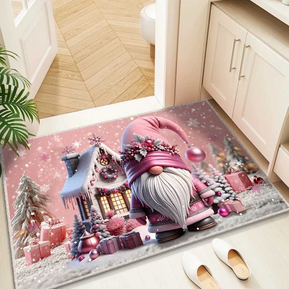 Christmas Snowman Tree Pattern Doormat Pink and Blue Color Scheme Non Slip Entrance Rug for Living Room Bedroom DecorM251126