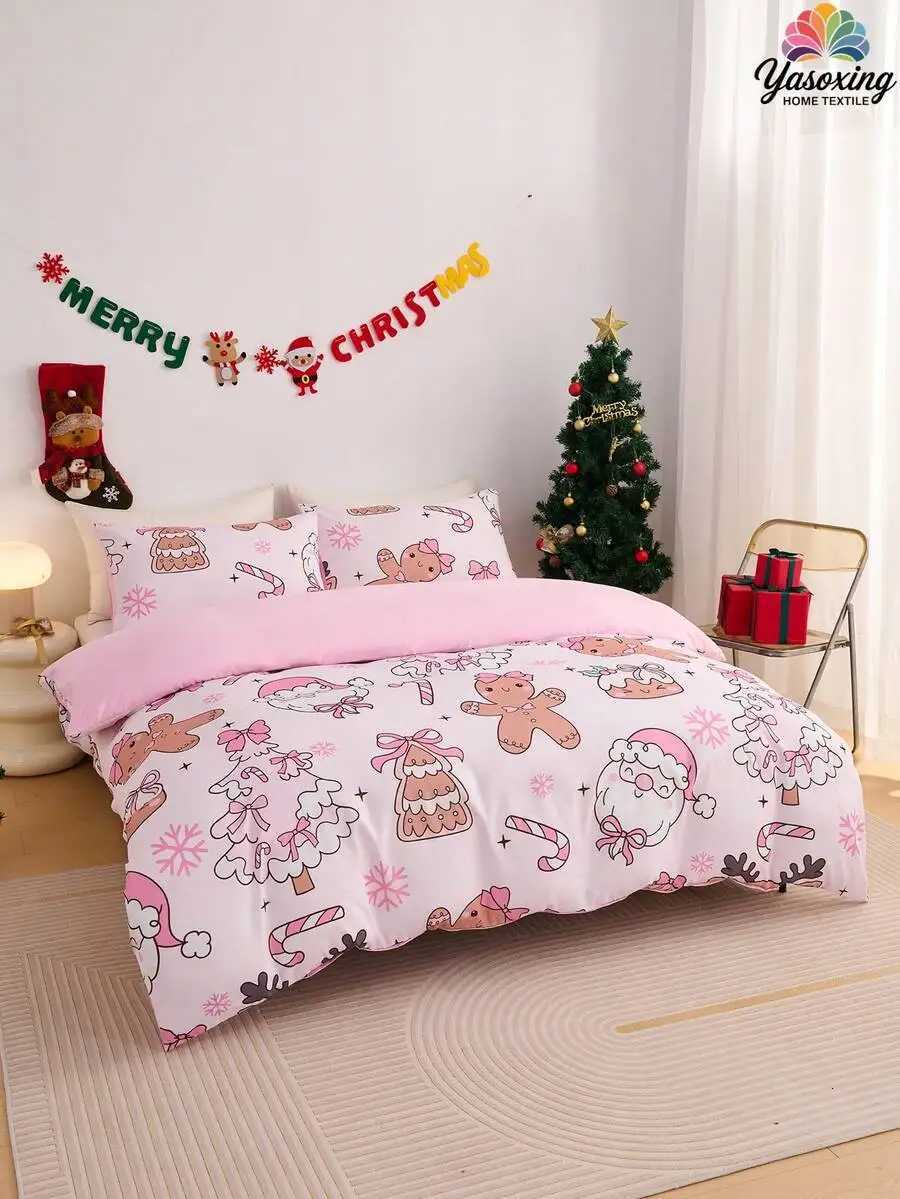Christmas 2/3pcs Pink Christmas Snowflake Gift Gingerbread Man Pattern Reversible Color Duvet Cover Bedding Set Soft Breatheable Y251126