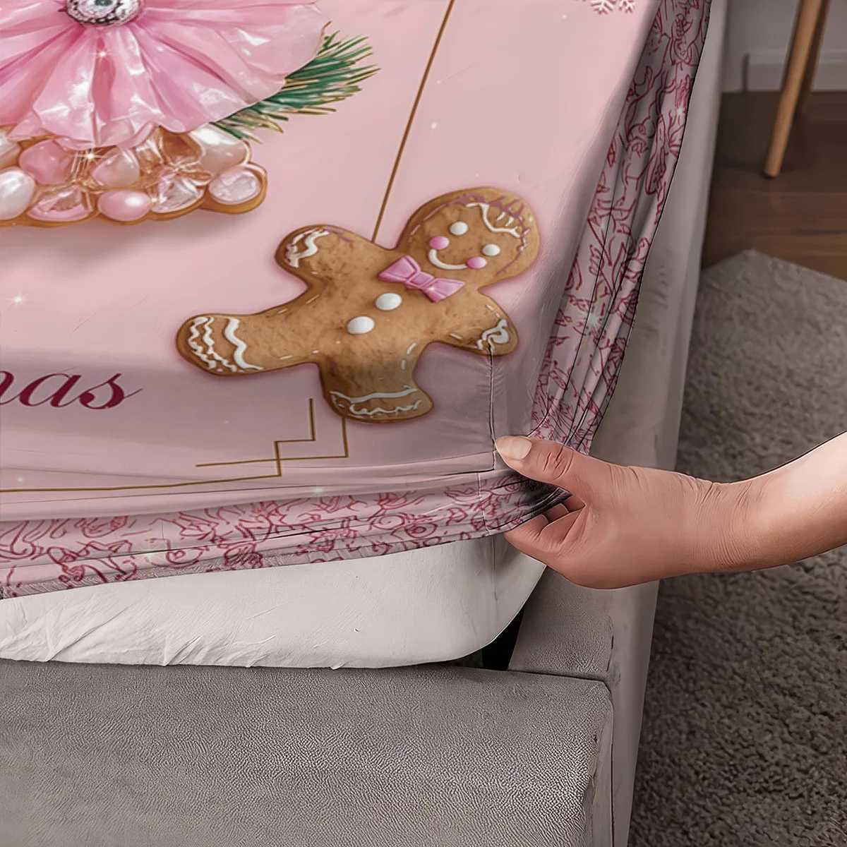 Christmas 3pcs pink Christmas Tree Gingerbread man Print Coreless Bed Sheet Set Multi Size Bedcover Bedroom Bedding Holiday Decorations Y251126