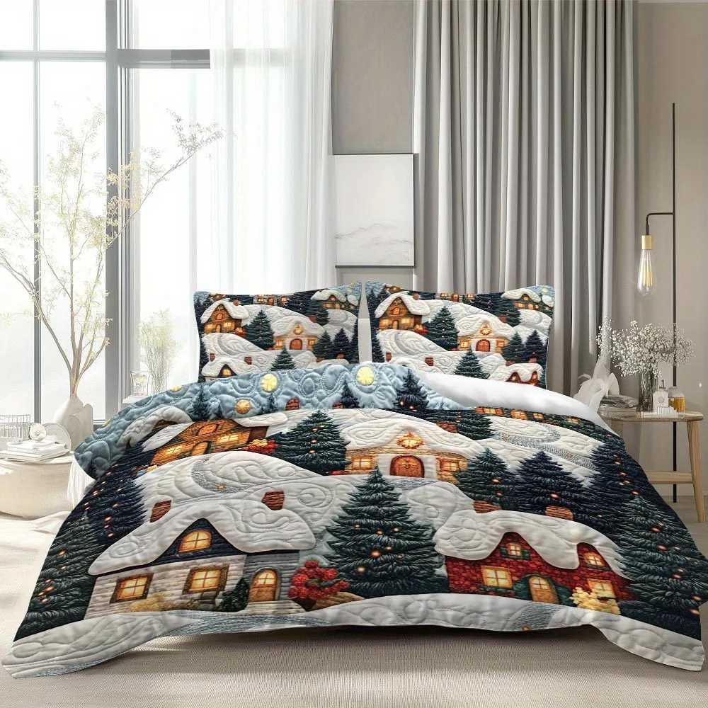 Christmas Latacaca 2/3pcs Christmas Themed Duvet Cover Set Snowy Village Bed Cover Set Festive Winter Bedding Set 1 Duvet Cover Y251126