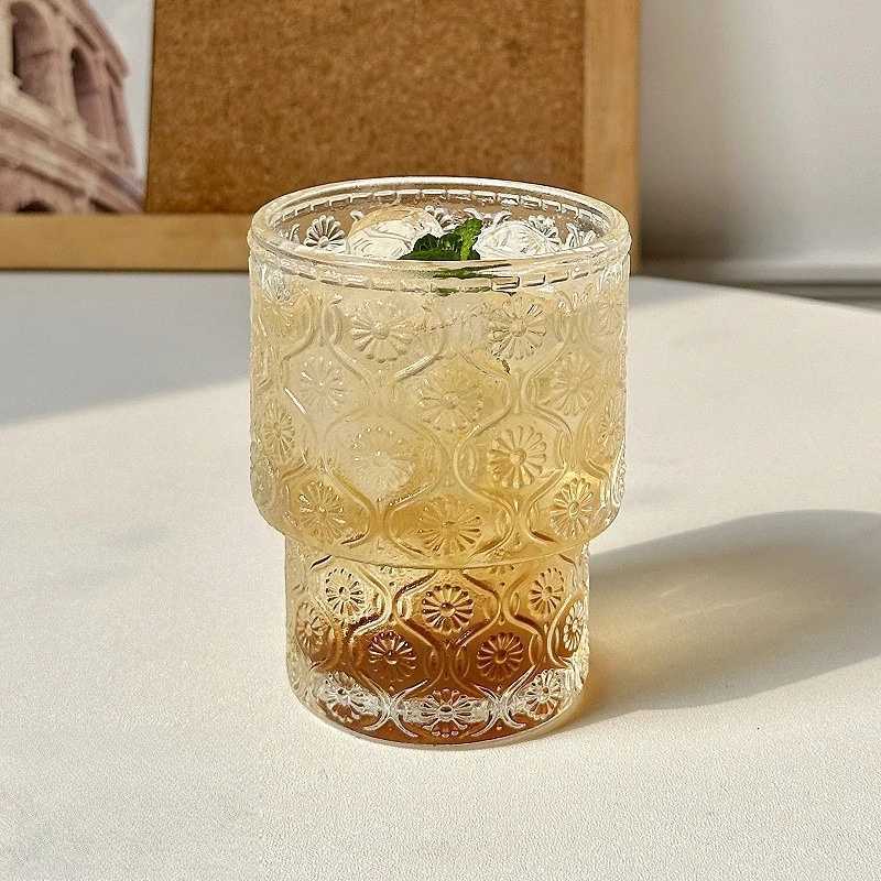 200ml Retro Sunflower Pattern Glass Cup Latte Coffee Mugs Household Cold Drink Cup Creative Wine Glass Transparent Beverage Cup C251126